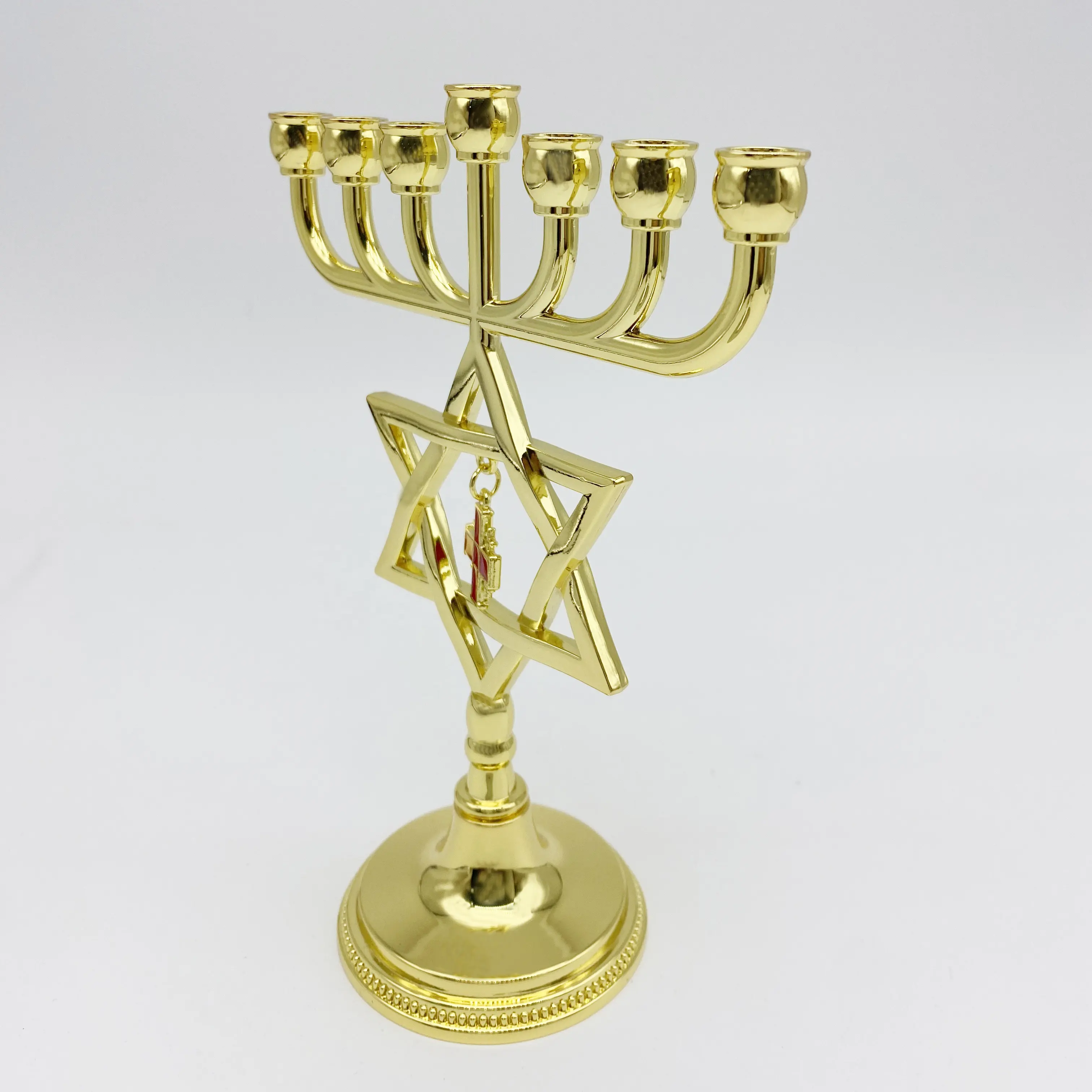 Gold Judaica Star Of David Menorah With Jerusalem Cross Charm