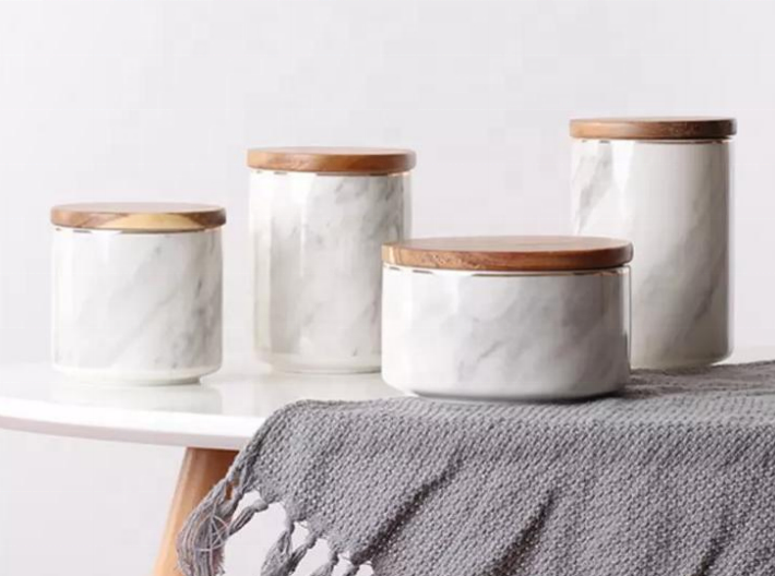 Nordic Luxury Marble Ceramic Eco-Friendly Durable Multifunction Cylinder Coffee Bean Jar Wooden Lid Custom Kitchen Storage