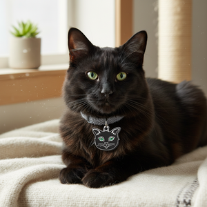 <b>Tag</b> <b>Cat</b> Angora Black Pet ID <b>Tag</b> For <b>Cats</b> With Green Eyes And Silver Trim - Product Image 3