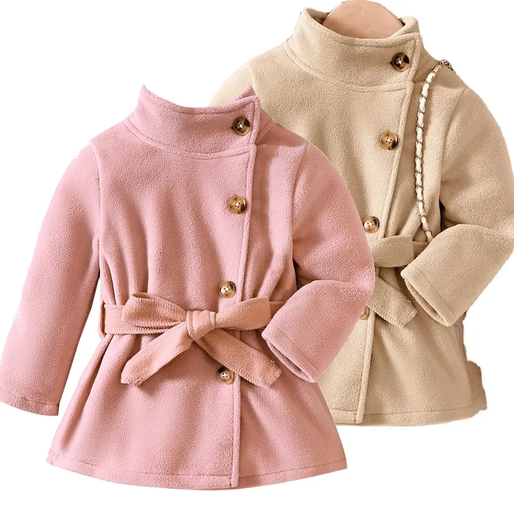 Q30792 Vestido plisado plegable con cinturón de lana rosa para niñas pequeñas, abrigos, chaqueta cálida de invierno para niños