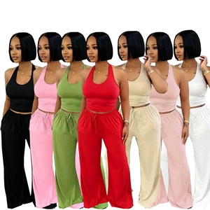 TW839 2026 Nuevo Conjunto de Dos Piezas de Verano <span class=keywords><strong>para</strong></span> <span class=keywords><strong>Mujer</strong></span>, Top Halter Sexy y Pantalones Anchos de Cintura Alta con Bolsillos, Talla Grande 2XL - Product Image 1