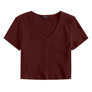 Camiseta con cuello en V para mujer de color sólido, ajustada, acanalada, de punto, teñido liso, características comprimidas para mujer - Product Image 5