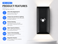 Lampe murale LED longue et étanche rechargeable par USB pour l'extérieur et le jardin