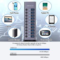 Hub USB 3.2 de 10 Puertos con Interruptores Individuales de Encendido/Apagado, Adaptador de Corriente de 12V, Aleación de Aluminio, para Laptop/PC, en Stock, 10Gbps USB-A 3.0