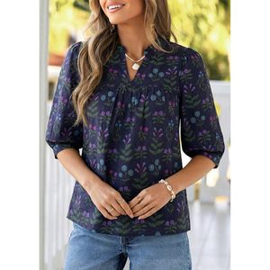 Chemise à fleurs pour femmes, manches courtes, col en V, style bohème, en mousseline de soie respirante, pour le printemps et l'été, décontractée, à porter tous les jours - Product Image 6