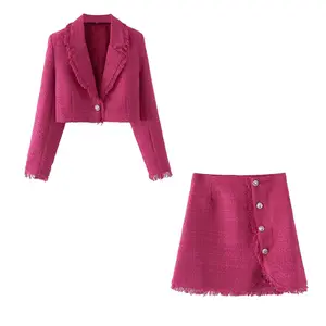 TZ71014 New 2022 Autumn Chic Solid Color Tweed Blazer + Skirt Set Ladies Soft Twill Two Pieces Set Clothes 9