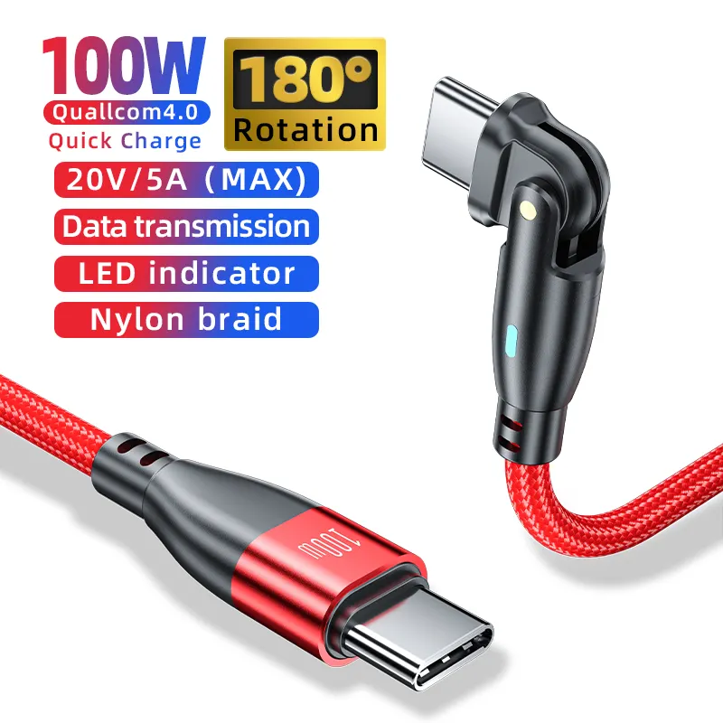 Hot Sale 1M 2M Usb Type C to C Cable 5A Quick Charge 3.0 100W Data Transfer Cable 180 Right Angle Usb-c Cable With Led Light