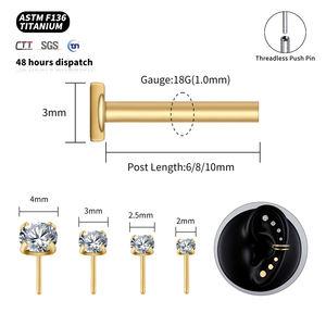 Правый Гранд ASTM F136, титановая 18 г/16 г, бесрезьбовая булавка, лабреет-шпилька, CZ, хрящевая серьга, спираль, носовая Шпилька, пирсинг - Product Image 2