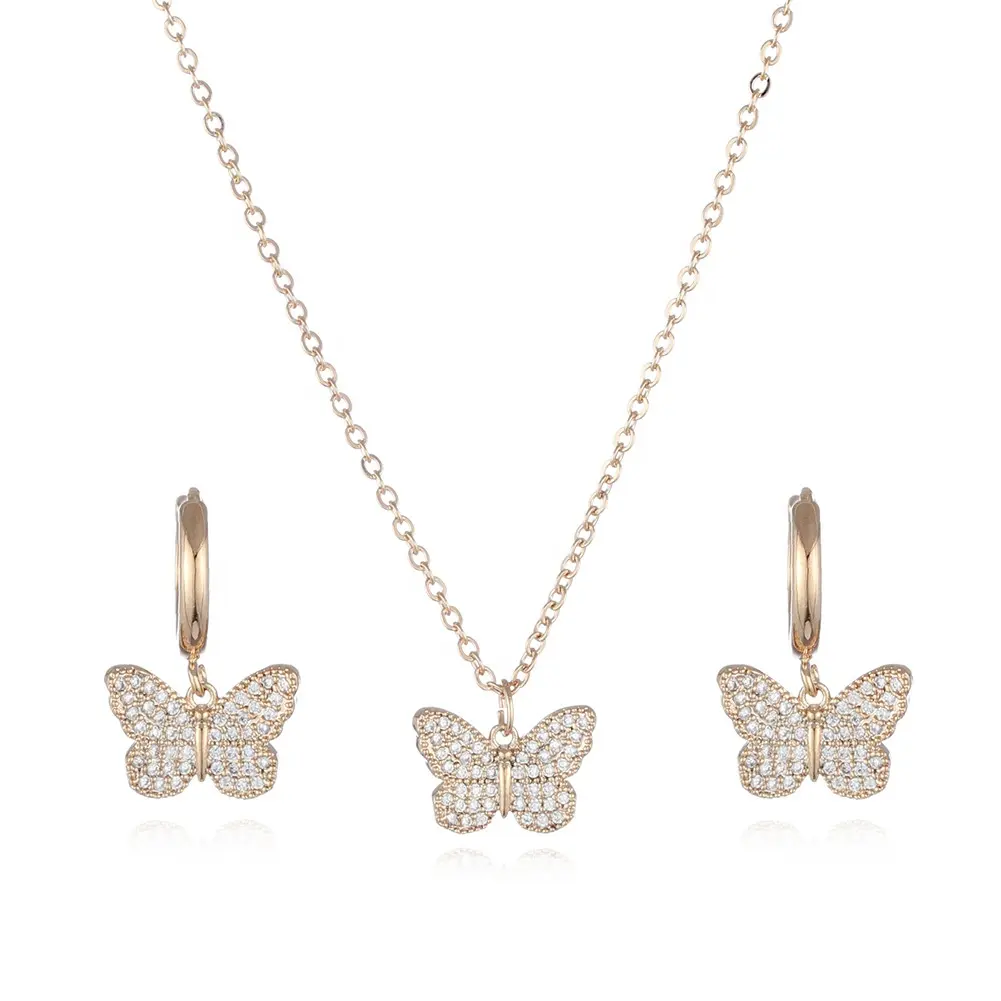 Charm wholesale trendy earrings and necklace brass diamond bridal butterfly jewelry sets