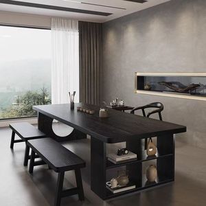 <b>Solid</b> <b>Wood</b> Slab Tea Table <b>Desk</b> Combo Wabi Sabi Style Black Office Living Room Home Use - Product Image 2