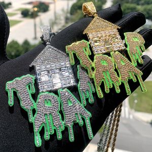 Collar con Colgante de Casa de Trampa Luminosa Fluorescente con Esmalte Verde, Brilla en la Oscuridad, Estilo Iced Out Bling CZ, Joyería Hip Hop para Hombre - Product Image 3
