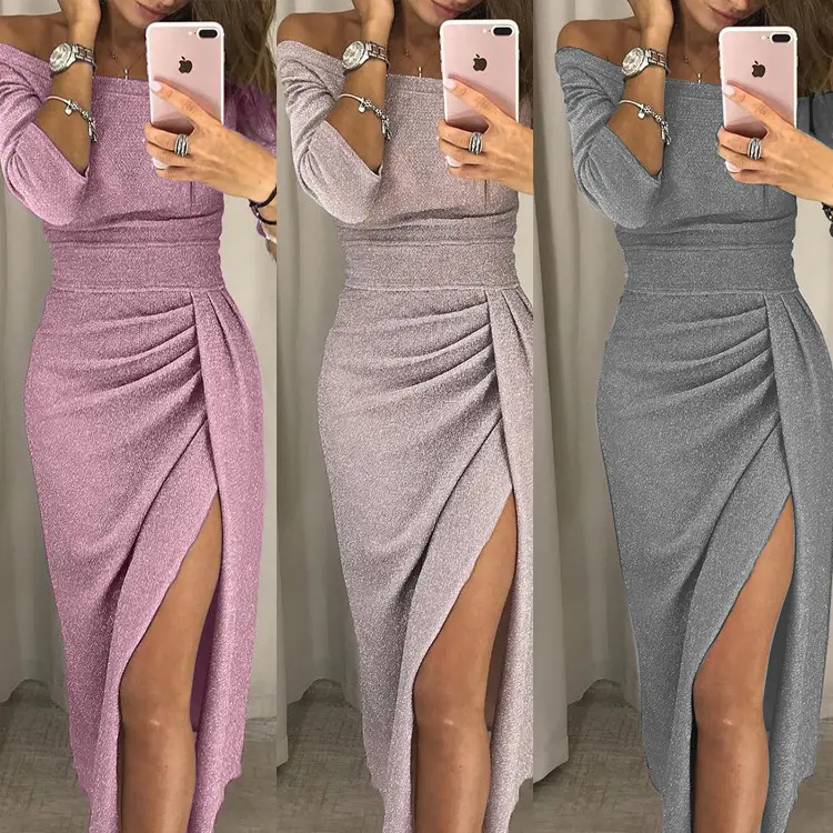 New Dress Womens Off The Shoulder Bodycon Midi Dress High Split Long Formal Pack Hip Party Evening Gown OEMODM