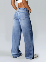 Pantalon en jean décontracté d'été pour femme, coupe ample, tissé, jambe large, délavé, longueur ras du sol, taille basse avec ceinture à trous