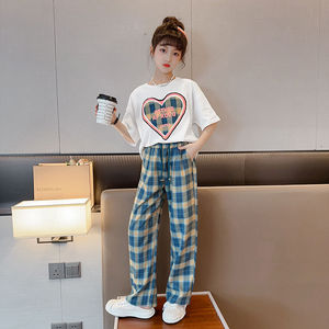 ชุดเสื้อยืดผ้าฝ้ายและกางเกงลายสก๊อตสำหรับเด็กผู้หญิงเสื้อผ้าวัยรุ่นแฟชั่นลำลองสำหรับฤดูร้อน - Product Image 5