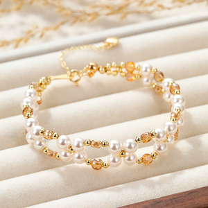<span class=keywords><strong>Bracelet</strong></span> double couche tissé de <span class=keywords><strong>perles</strong></span>, plaqué or véritable 14 carats, cristal naturel, pour boutique de mariée, vente en gros, logo personnalisé, OEM - Product Image 4