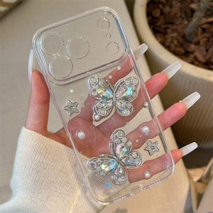 Coque de téléphone transparente antichoc avec cadre diamanté, motifs fleurs et papillons, paillettes époxy, pour iPhone 17 16 15 Pro Max - Product Image 6
