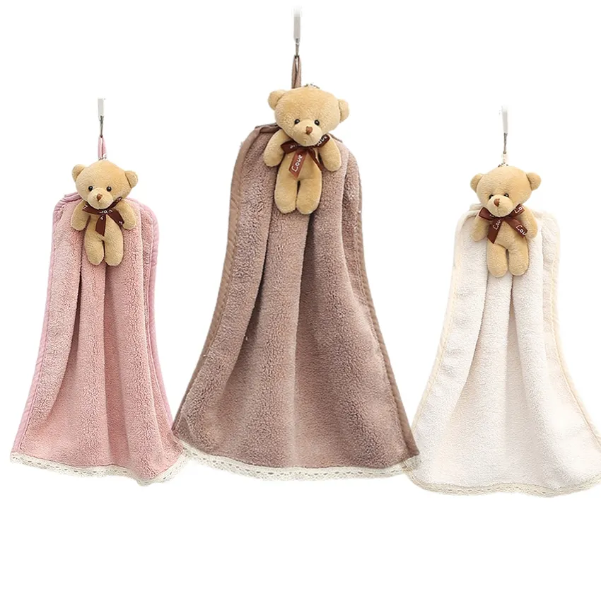 DS974 Kitchen Toilet Bathroom Hanging Towel Absorbent Plush Quick-Dry Wash Cloth Cute Bear Coral Fleece Hand Towel