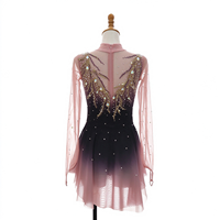Robe de patinage et de danse pour enfants et adultes, dégradé noir et rose, col montant, manches longues en maille, dos orné de feuilles en strass, pour compétition et spectacle de patinage artistique