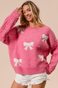 2025 Top de suéter de mujer con lazo texturizado personalizado para el Día de San Valentín con perlas - Product Image 2