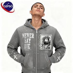 QZFSO Custom Distressed Embroidery Zipper Graphic Heavyweight Oversized Cotton Streetwear <b>Vintage</b> Acid Wash <b>Zip</b> <b>up</b> Men <b>Hoodie</b> - Product Image 1