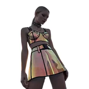 Party Music Festival Laser Hologram Bra With Skirt Set Nightclub Start Auto Women Sexy Costumes Show Harajuku Holograhpic Skirt