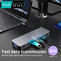 Base de Conexión USB C Multifunción Portátil 13 en 1 de Aluminio, Tipo C a HD HDTV DP VGA PD SD TF USB3.0 para Computadora Portátil
