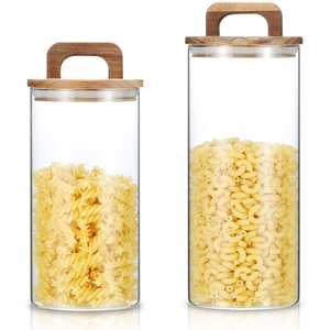 Luxury Kitchen Accessories Clear Airtight Condiments Spices Rice Food Storage <b>Container</b> <b>Glass</b> Jar Set with Wooden Handle Lid - Product Image 2
