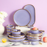 Ensemble de vaisselle nordique de luxe léger avec bordure dorée en céramique : bol à riz, bol à soupe, assiette à légumes