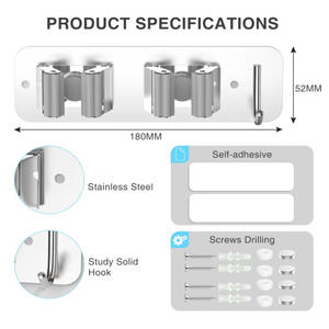 Support mural en acier inoxydable pour <span class=keywords><strong>balai</strong></span>, adhésif puissant, sans perçage, clip pour <span class=keywords><strong>balai</strong></span>, salle de bain, toilettes, outil en métal, salon - Product Image 4
