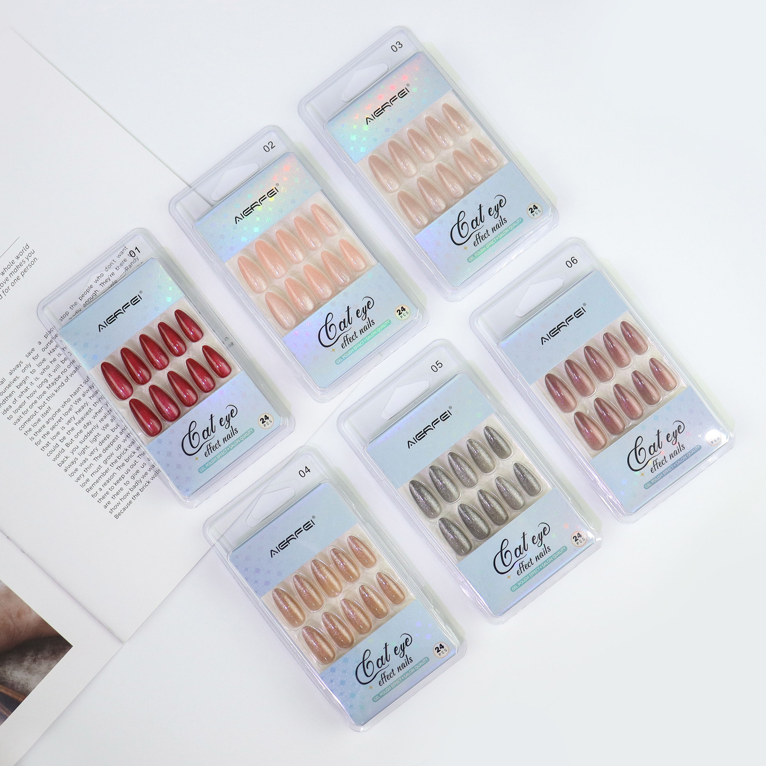 AIERFEI Velvety Shiny Cat Eye Nails Long Almond False Nails Tips OEM Private Label Women Nail Tips Gel Polish Effect