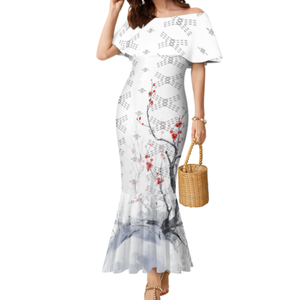 Vestido de Mujer con Estampado Polinesio Estilo Hawaiano, Diseño Chino, Talla Grande, Hombros Descubiertos, Cola de Pez y Volantes - Product Image 1