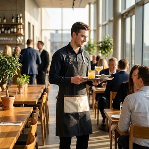 Delantal de camarero profesional impermeable con rayas y bolsillo grande en contraste, paquete de 2 delantales lavables para cafetería, bistro, restaurante - Product Image 2