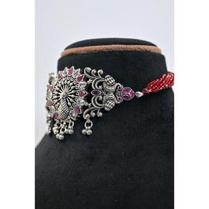 Flower Pattern Tibetan <b>Silver</b> <b>Choker</b> Necklace With Red Beads And Cubic Zirconia For Women Wedding Jewelry Boho Style - Product Image 2
