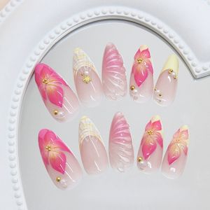 Juego de uñas acrílicas, prensa <span class=keywords><strong>francesa</strong></span> de almendra corta en las uñas, diseño Simple, flor amarilla y rosa, Uñas postizas diarias hechas a mano, <span class=keywords><strong>manicura</strong></span> - Product Image 5