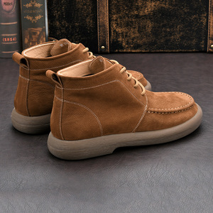 Bottes Martin en cuir véritable pour hommes, à bout rond, à lacets, avec doublure en peluche, semelle extérieure en caoutchouc, style décontracté isolant pour l'automne - Product Image 3