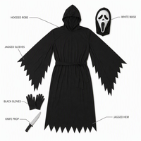 Robe noire à capuche avec masque style Scream blanc, taille unique adulte, ensemble Halloween à bords effilochés avec gants et couteau d'accessoire