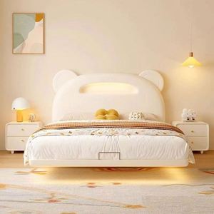 Cartoon Bear <b>Floating</b> Comfortable Kids Daybed Cream Color Modern Solid Wood <b>Frame</b> Full Size Bedroom for Girls Boys - Product Image 1