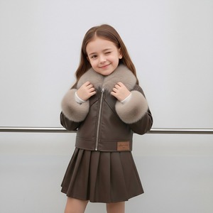 Nuovo Set Giacca in Pelle PU per Ragazze Autunno/Inverno, Foderato in Velluto, Manica Lunga <span class=keywords><strong>con</strong></span> <span class=keywords><strong>Pelliccia</strong></span> Soffice, Set Abbigliamento per Ragazze - Product Image 1
