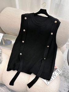 Gilet en tricot sans manches pour femme avec boutons latéraux et sangle <span class=keywords><strong>à</strong></span> nouer - Gilet pull décontracté <span class=keywords><strong>à</strong></span> col rond pour <span class=keywords><strong>l</strong></span>'automne/hiver - Product Image 4