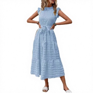 Vestido midi azul claro sin mangas con cuello alto y volantes, corte en A, holgado, tejido, informal, de verano, con lazo en la cintura - Product Image 2