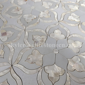 <span class=keywords><strong>Piastrelle</strong></span> a Mosaico con Motivo Floreale in Marmo Bianco e Madreperla, Taglio a Getto d'Acqua - Product Image 4