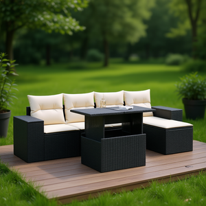 Ensemble de canapés de jardin en rotin noir avec coussins crème, mobilier d'extérieur au design contemporain, résistant à l'eau et aux UV, en osier PE - Product Image 2