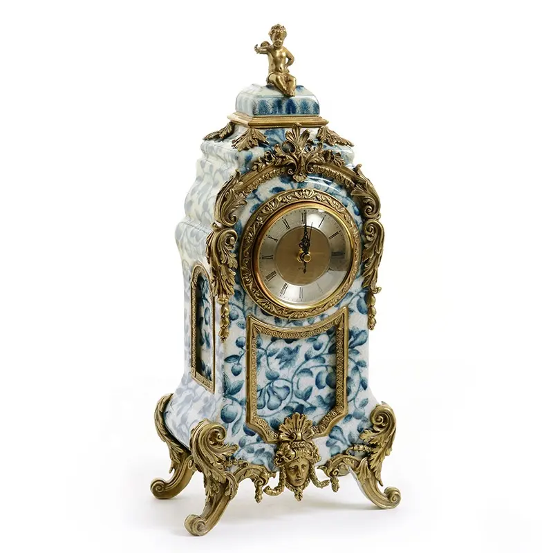 Американские и европейские высококачественные роскошные керамические часы с медными декоративными часами синие и белые фарфоровые художественные часы украшения