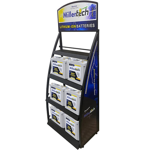 Modern Metal Car Battery Display Stand Custom Brand Logo Detachable Movable Floor Standing