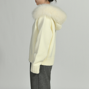 Wholesale <strong>Ladies</strong> Breathable Dyed Knitted Coat <strong>Hooded</strong> Zipper Autumn Removable Fuzzy Real Fox Fur Collar Wool Knit <strong>Cardigan</strong> - Product Image 5