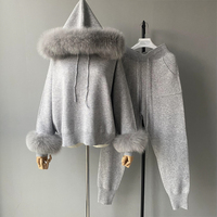 Ensemble deux pièces personnalisé Jxwatcher, manteau en laine tricotée avec poignets en fourrure de renard véritable, pantalon long, vêtements d'hiver, sweat à capuche en laine tricotée