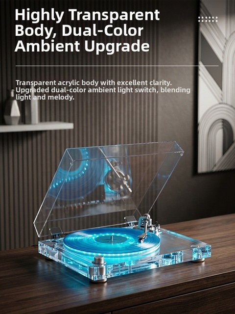 Brand New Design Transparent Acrylic Turntable Vinyl Player W/ Heavy Duty Platter, Adjustable Counter Weight, LED Light & BT Out