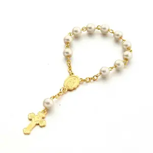 Factory Direct Heart Cross Finger Chain Baby Baptism Gifts Mini Rosary Jewelry Crystal Beads Bracelet