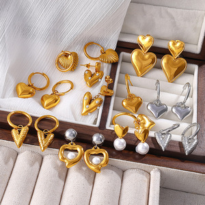 Boucles d'oreilles pendantes en forme de cœur avec fausses perles en acier inoxydable, bijoux de fête pour femmes, boucles d'oreilles tendance - Product Image 1