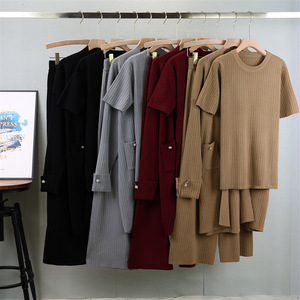 Women Knitted Sweater Set <b>Short</b> <b>Sleeve</b> Top <b>Cardigan</b> Wide Leg Pants Autumn Breathable Polyester Regular Fit - Product Image 2